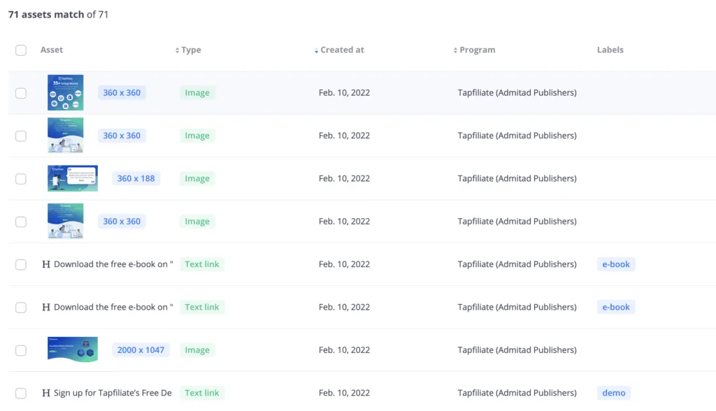 Screenshot of Tapfiliate assets section of software.