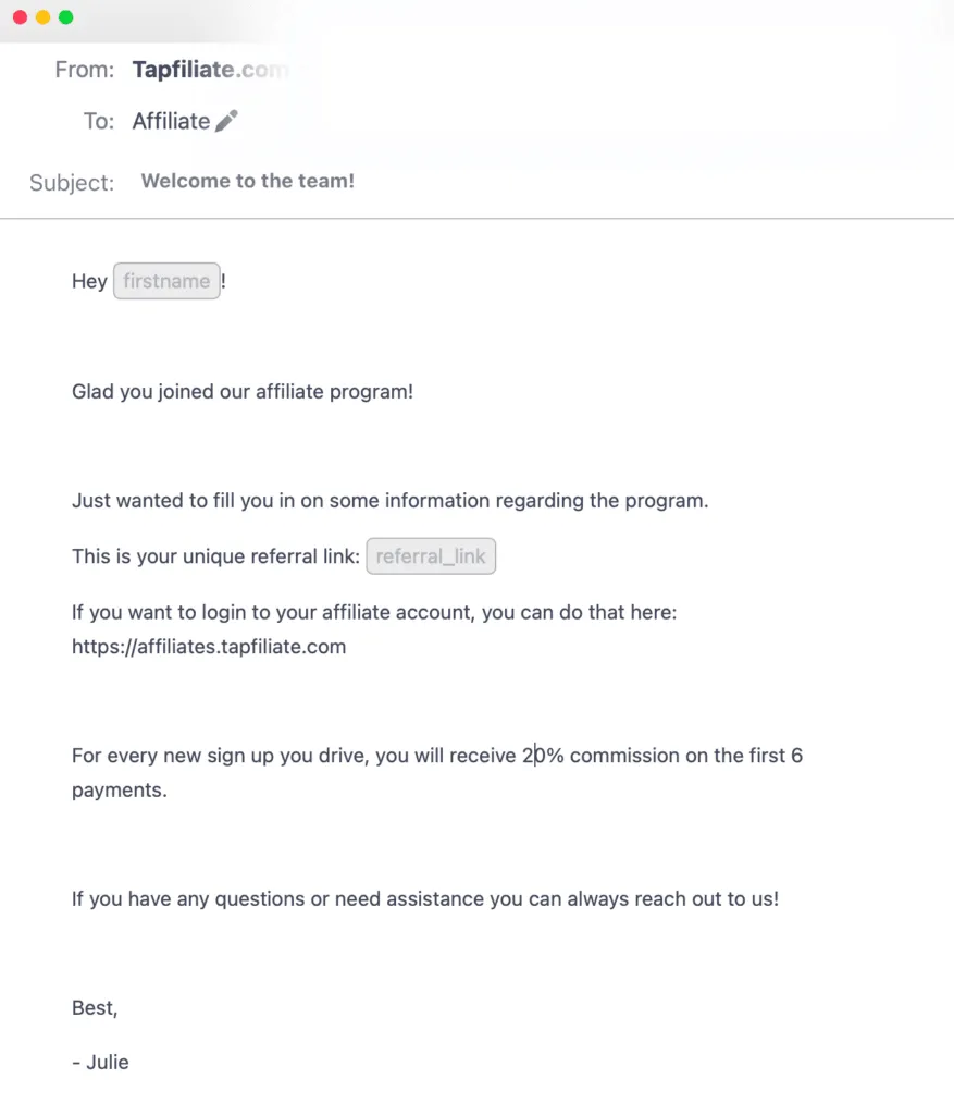 Tapfiliate welcome message text