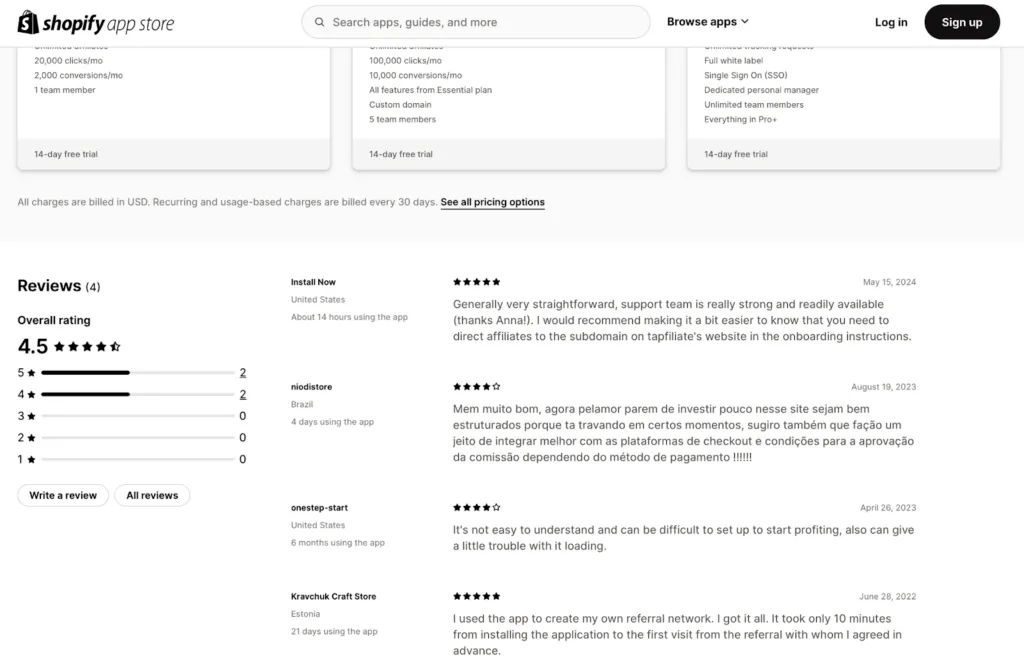 Tapfiliate reviews on Shopify App Store